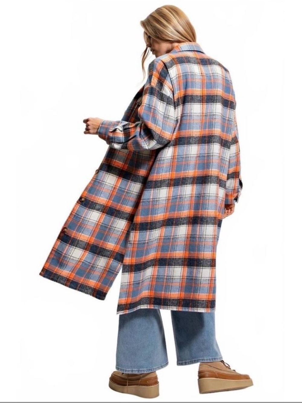 Easel - Blue/Black/Orange Long Flannel/Plaid Shacket - Picture 2 of 2